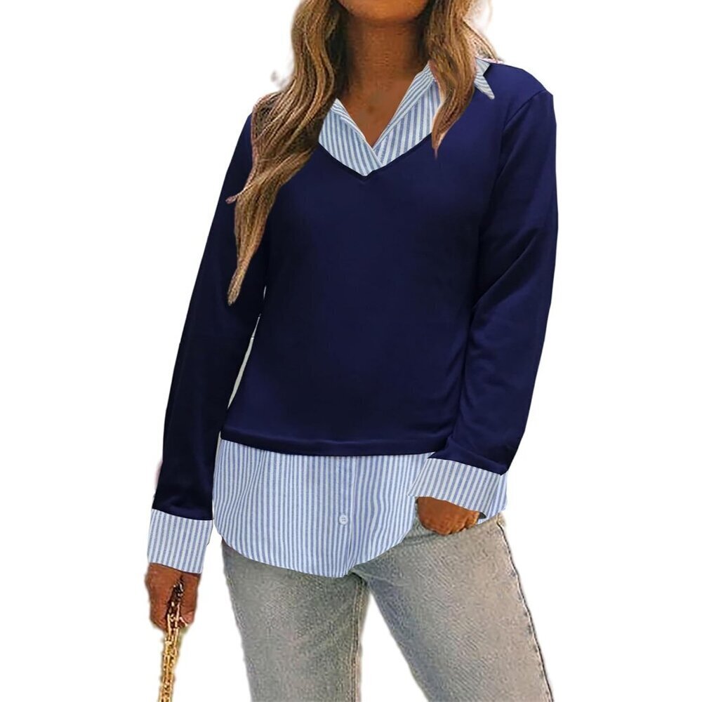 Women's Cotton-Polyester 2-in-1 Collared Shirt Long Sleeve Casual Top